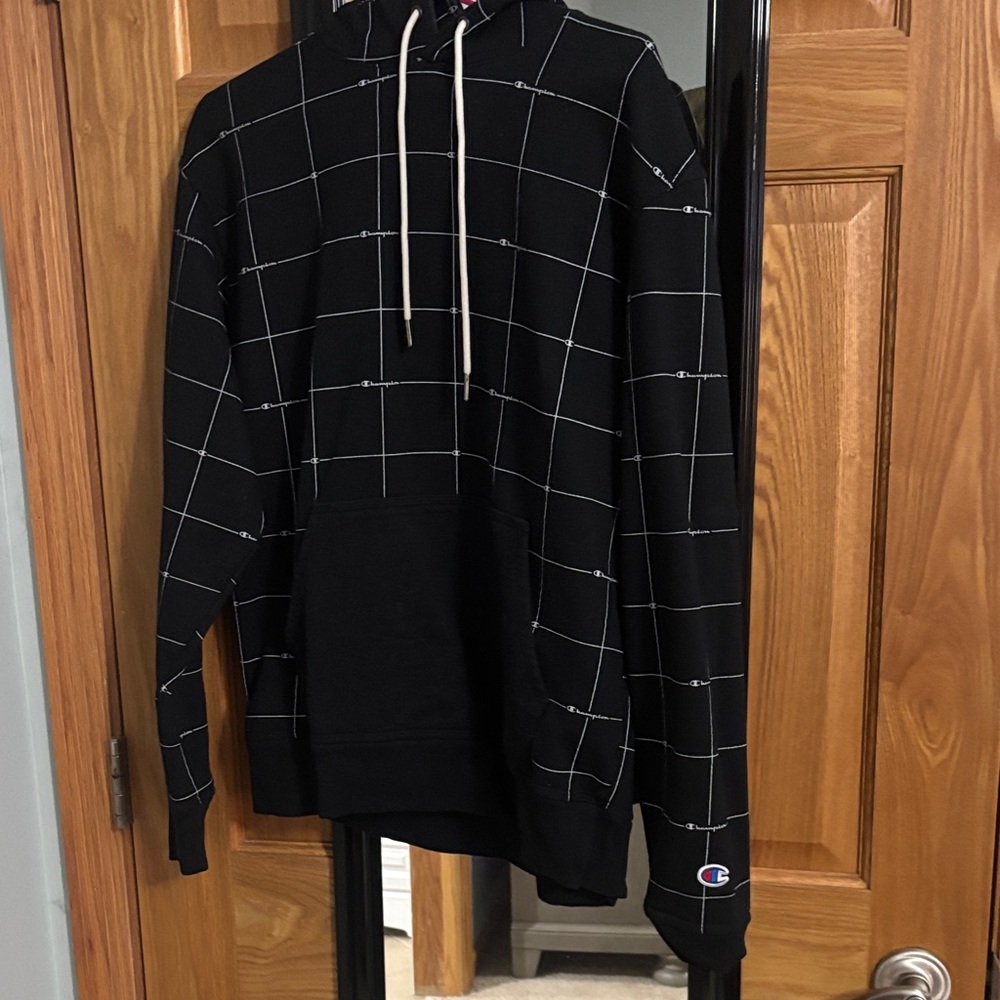 Champion Black Hoodie with White Grid Pattern